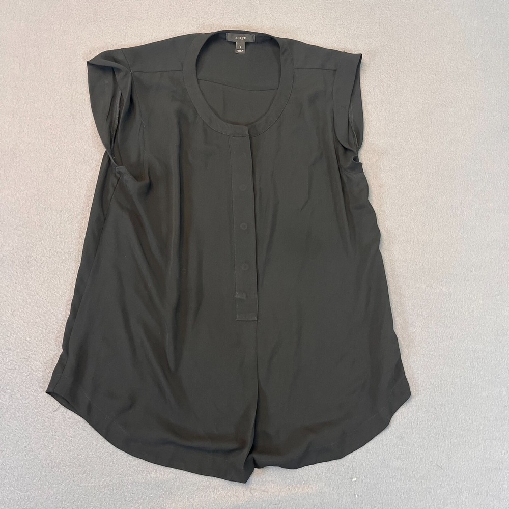 J Crew Top Womens Size 8 Black Short Sleeve‎ V-Neck Button Up Blouse Cuff Sheer